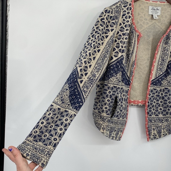 Lucky Lotus by Lucky Brand Open Front Cardigan Womens Sz Large Cream Blue Aztec - Picture 4 of 14